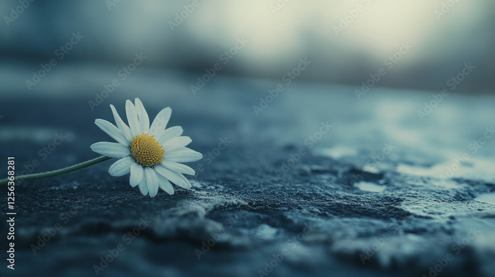 Poster a single daisy flower on a wet stone, symbolizing resilience and hope amidst adversity, with a blurr