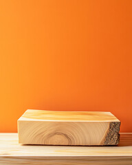 Wooden slab display on a modern natural wood table against a vibrant orange backdrop
