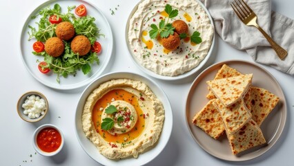 Middle eastern cuisine with falafel, hummus, labneh, pita bread, and sauces