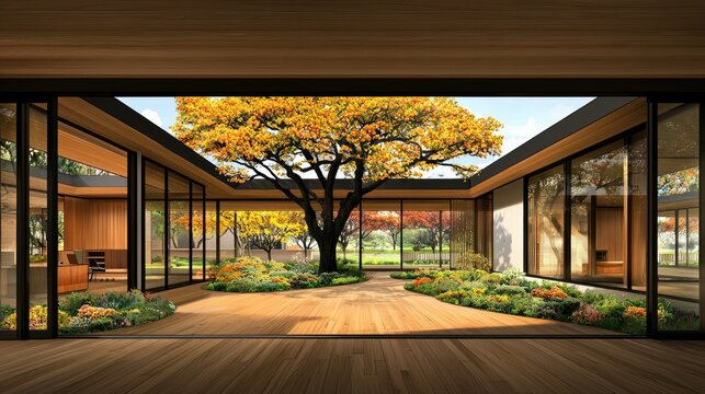 Modern home atrium design featuring autumn tree and garden