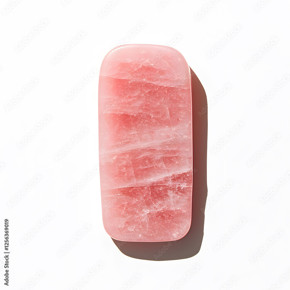 Poster pink stone on white. the stone is a rectangular shape with rounded corners. the texture is rough and