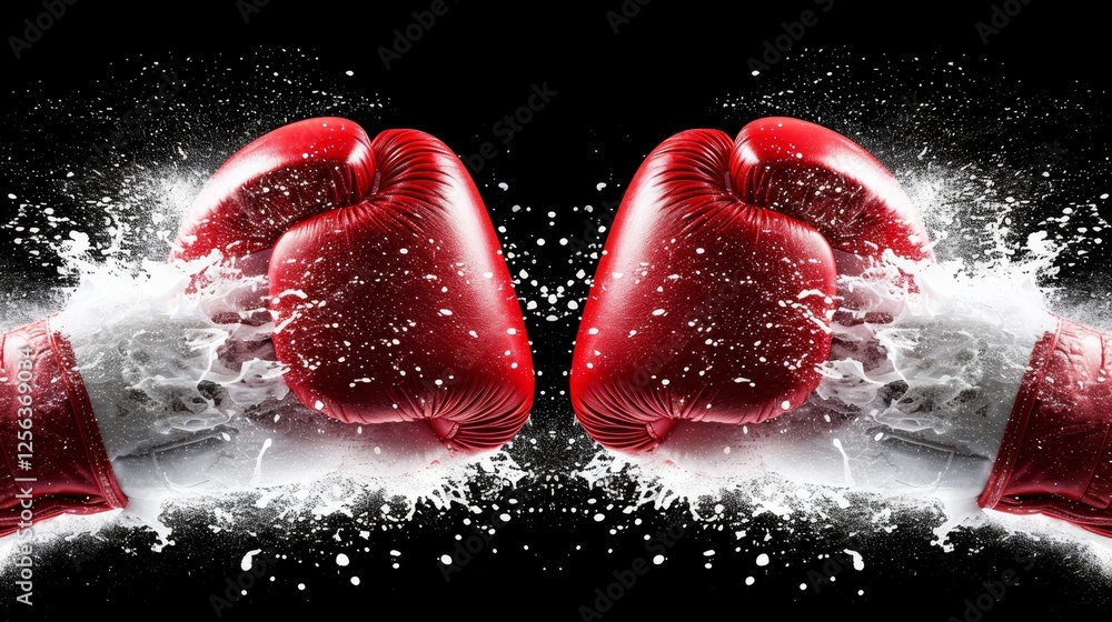 Poster dynamic showdown of two boxing gloves in action against a dark isolated background in ai art