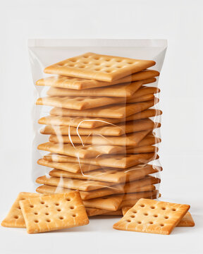 Stacked crispy crackers in a transparent bag with loose pieces on a light background