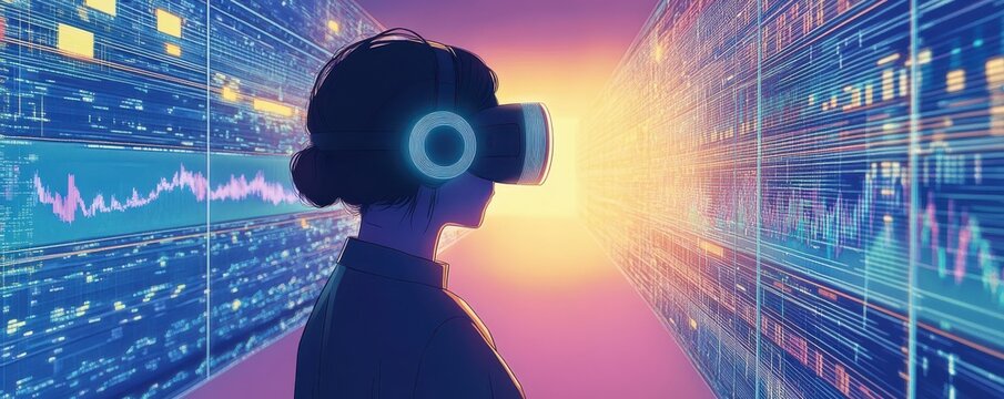 Young caucasian female experiencing virtual reality in a data environment