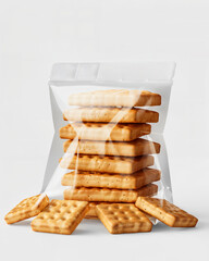 Stack of golden brown baked snacks in a clear bag on a light background with loose pieces scattered around