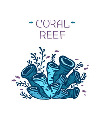 Vector illustration with blue corals and silhouette of fishes. Isolated coral reef.