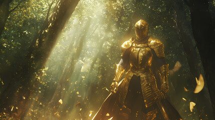 Fototapeta premium A golden armored knight standing in a mystical forest, surrounded by ethereal light and nature's beauty. Ethereal Armor. Illustration