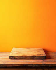 Wooden slab on rustic table against vibrant orange backdrop in minimalistic setting