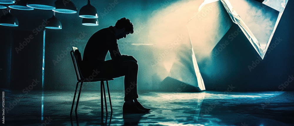 Poster a contemplative figure seated on a chair in a dimly lit room, illuminated by abstract light patterns