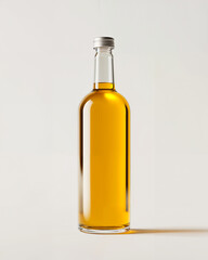 Clear glass bottle filled with golden liquid standing on a neutral background