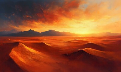 Naklejka premium Fiery Sunset over a vast desert with rolling hills and distant mountains