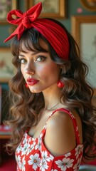 Obraz premium Young hispanic female with red headband and floral dress in vintage setting