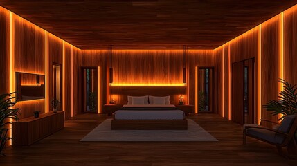 Fototapeta premium Warmly Lit Modern Wooden Bedroom Interior Design