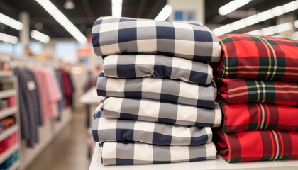 Neatly stacked flannel pajamas in retail store, cozy homewear