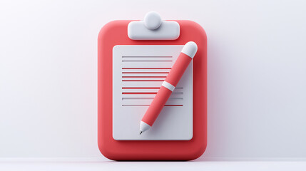 3D red and white clipboard with attached pen on a clean white background symbolizing organization, productivity, task management, business planning, and checklist concept