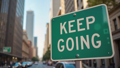 Keep Going? green sign in urban street, motivational city background, determination concept