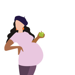  pregnant woman  holds a green apple in her hand. illustration