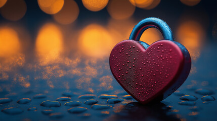Red heart-shaped lock covered in water droplets on reflective surface with glowing bokeh background symbolizing love, romance, security, commitment, and deep emotional bond
