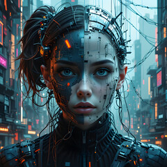 Cyberpunk girl futuristic portrait digital art artwork graphic design on transparent background dark