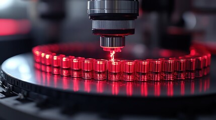 High-tech precision manufacturing process with laser inspection of red metal components on a conveyor