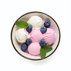 Berry ice cream scoops with blueberries and mint, isolated on white background.