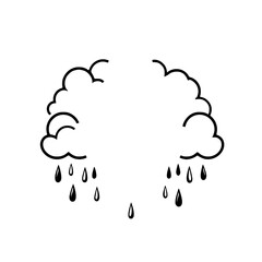 Black-and-white illustration of clouds and rain drops, evoking a minimalist style, in a white setting.