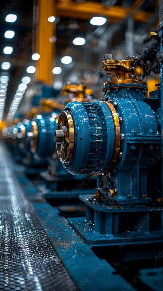 Poster the image captures a striking array of blue turbine-like equipment, highlighting the elegance and co