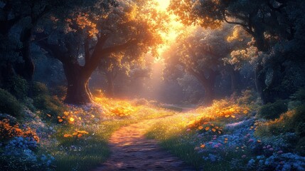 Obraz premium Serene forest path illuminated by golden sunlight, surrounded by vibrant flowers and lush greenery