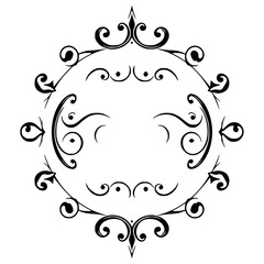 Intricate black and white circle with complex swirl, scroll, and curve details, frame-like design on white.