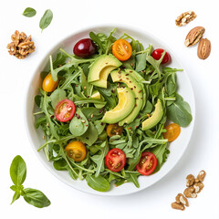 Fresh avocado arugula salad with cherry tomatoes and walnuts, isolated on white background.