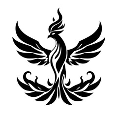 Obraz premium Silhouette of a Phoenix: Black bird with open wings, symmetrical, and fiery.