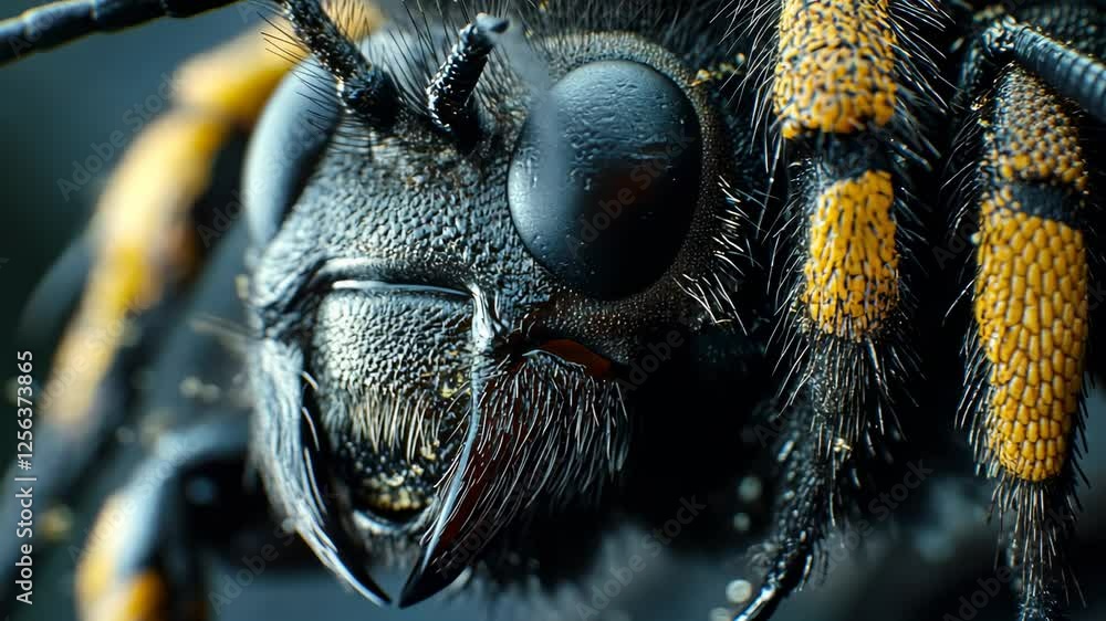 Poster close-up wasp head, dark background, nature macro