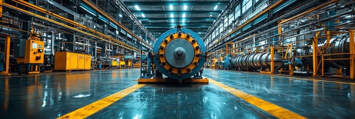Obraz premium This image puts a central industrial machine on display, with prominent yellow lines leading the viewer's eye through the modern manufacturing space filled with technology and energy.