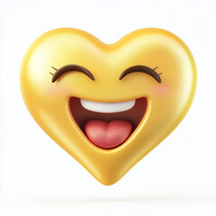 3D yellow heart emoji with a cheerful happy face on white background symbolizing love, joy, positivity, digital emotion, and fun social media expression