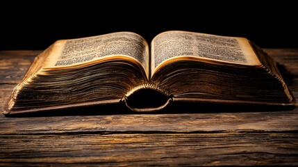 Obraz premium Old Book Open on Wooden Table Featuring Antique Pages and Texture