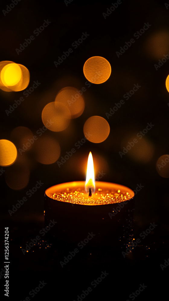 Poster A close-up of a lit candle surrounded by soft bokeh lights, creating a warm and calming atmosphere. This image represents peace, serenity, and relaxation with a cozy vibe.