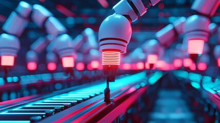 A futuristic scene showcasing robotic arms in a vibrant, neon-lit industrial setting, engaged in precision tasks on a production line.