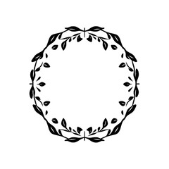 A simplified black leaf wreath illustration on white background, depicting a circular floral wreath adorned with leaves.