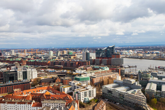 Aerial view of the Harbor District, Elbphilharmonie and downtown in Hamburg, Germany. View from bell tower of St. Michael's Church