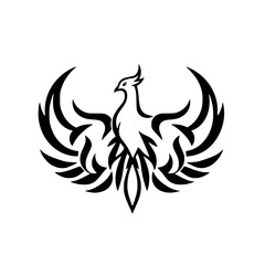 Black and white graphic illustration of a phoenix, stylized with curved lines and flowing shapes.