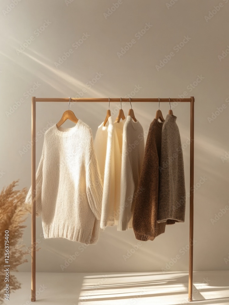Aufkleber Minimalist clothing rack with neatly arranged sweaters in warm tones illuminated by soft sunlight. Generative AI