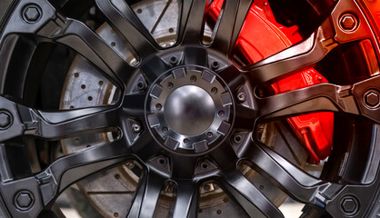 Red Brake calipers on a car with rims close up. Cast disk close-up with a red calipers and brake...