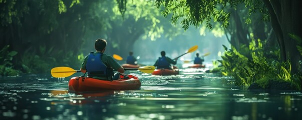 Group kayaking adventure on scenic river with lush greenery