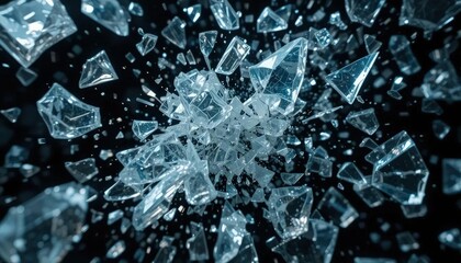 Shattering glass fragments midair captured in high detail with a black background