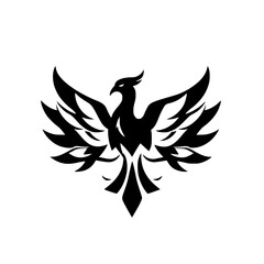 Fototapeta premium Black silhouette of a phoenix with outstretched wings against a white background, minimalist logo design.