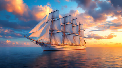 Obraz premium Majestic sailing ship at twilight with billowing sails, nautical dreamscape, celestial sky, historic maritime adventure, ocean fantasy illustration. Dreamlike Canals. Illustration