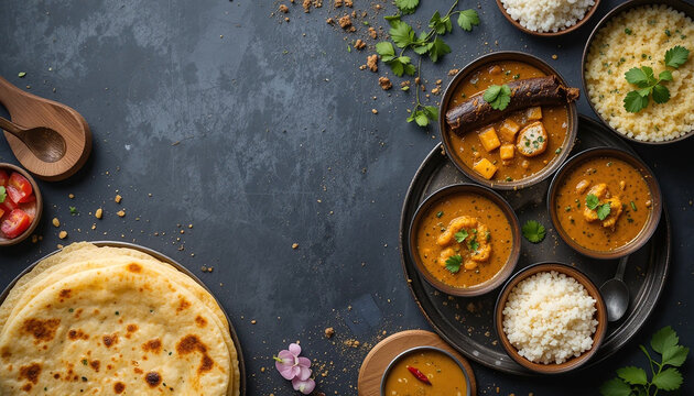 Parotta and curries on a black color table with copy space 