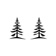 Two stylized fir trees in a minimal, graphic style against a white background.