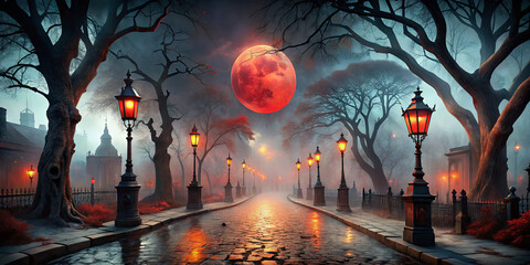 A mysterious pathway lined with glowing lanterns leads through a foggy landscape, illuminated by a full red moon. Dark trees surround the scene, adding to the haunting atmosphere