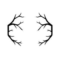 Black tree branch silhouettes mirror symmetrically on white.